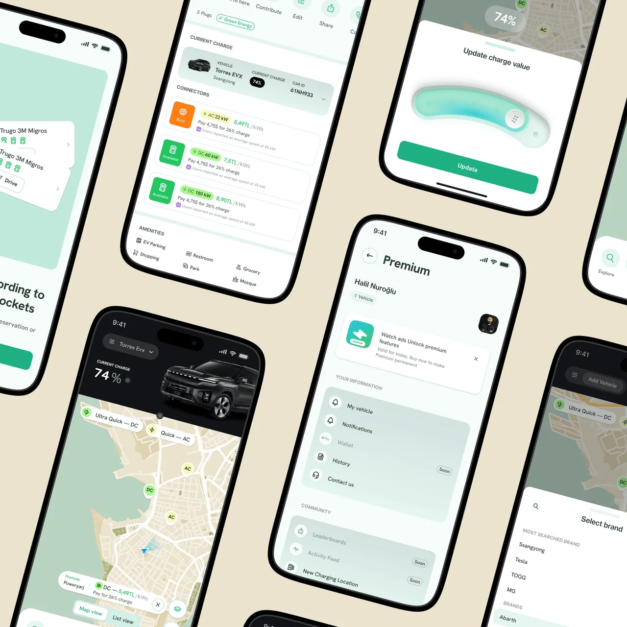 A collection of smartphone screens displaying various app interfaces with maps and health data features.